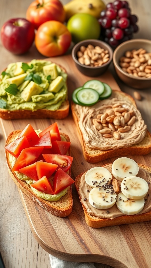 A variety of vegan toasts with avocado, hummus, and nut butter toppings on a wooden board.